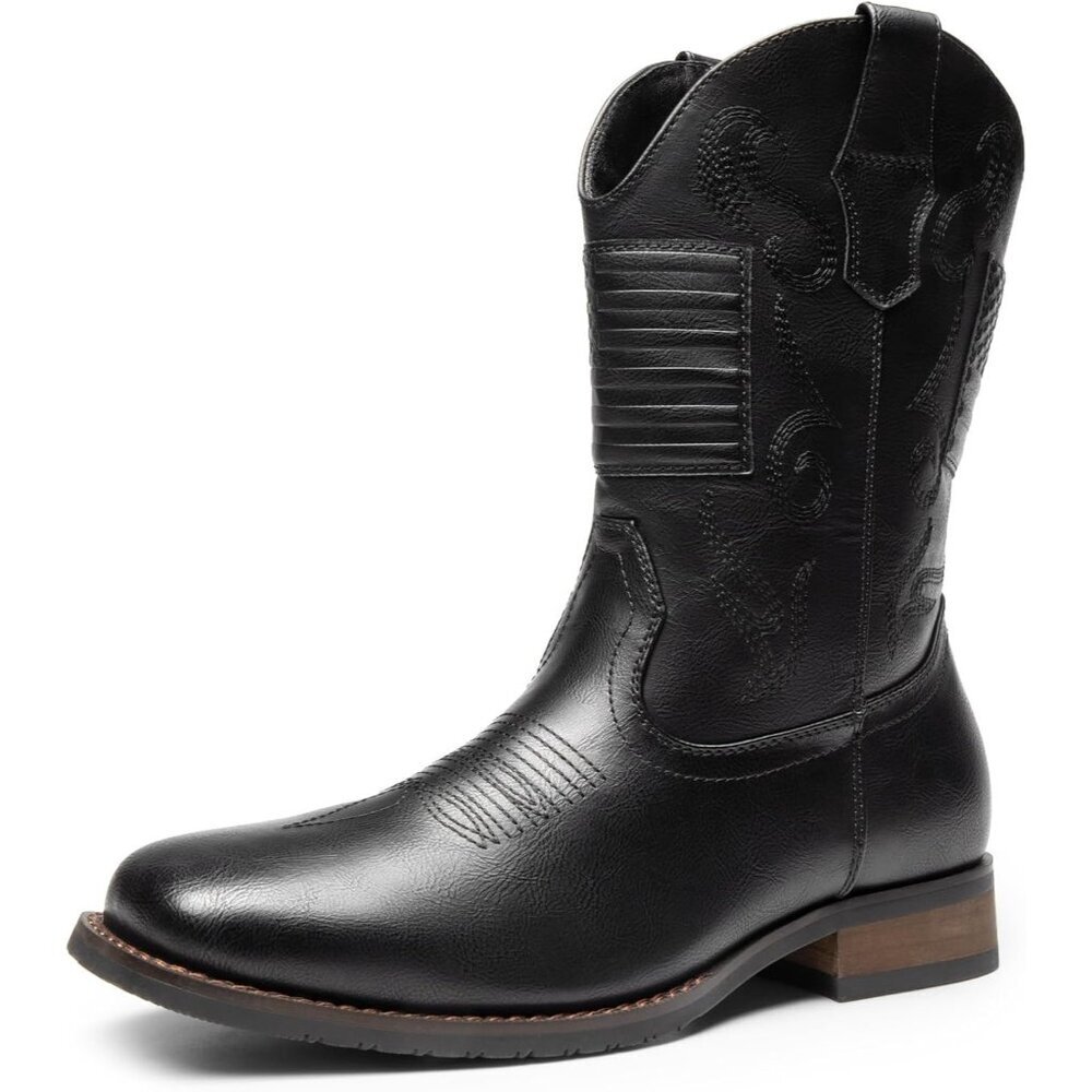 🆕Bruno Marc Men Black Round Toe Slip on Chunky Heel Waterproof Mid Calf Boots